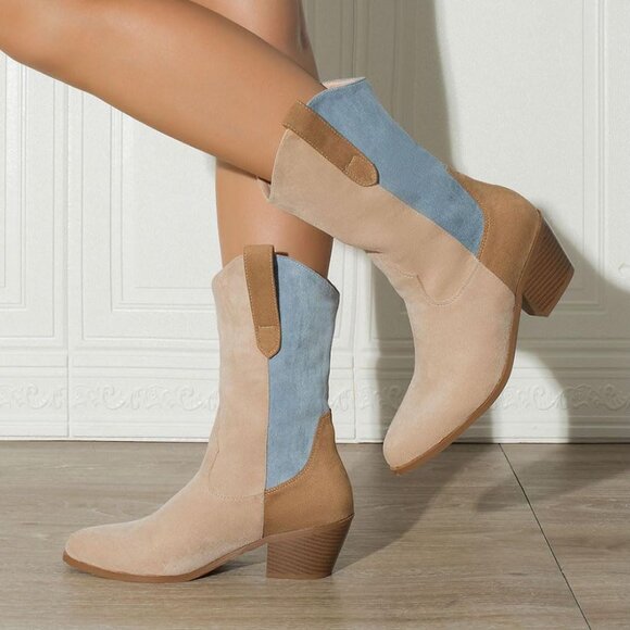 Lipijixi Women Apricot Cowboy Stacked Heel Embroider Wide Calf Cowgirl Boots - Picture 6 of 7